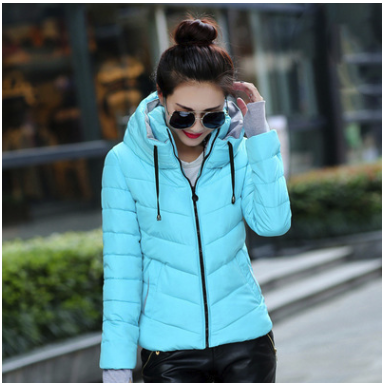 Color: blue, size: L - European and American cotton women&#39;s short section collar winter ladies cotton jacket slim jacket