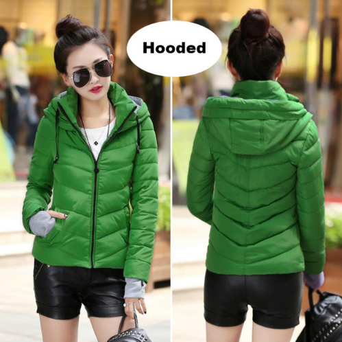 Color: GreenHooded, size: XXL - European and American cotton women&#39;s short section collar winter ladies cotton jacket slim jacket
