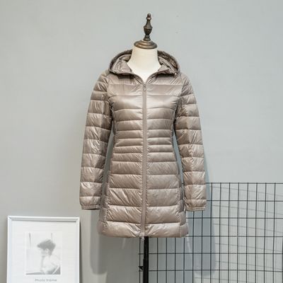 Color: Khaki, Size: 7XL - Autumn And Winter Lightweight Down Jacket Women&#39;s Mid-length Plus Size Hooded Slim Fit Oversized Coat