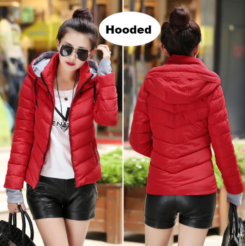 Color: RedHooded, size: M - European and American cotton women&#39;s short section collar winter ladies cotton jacket slim jacket