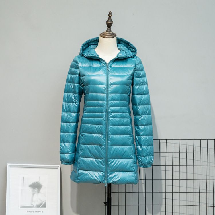 Color: Pink Blue, Size: 7XL - Autumn And Winter Lightweight Down Jacket Women&#39;s Mid-length Plus Size Hooded Slim Fit Oversized Coat