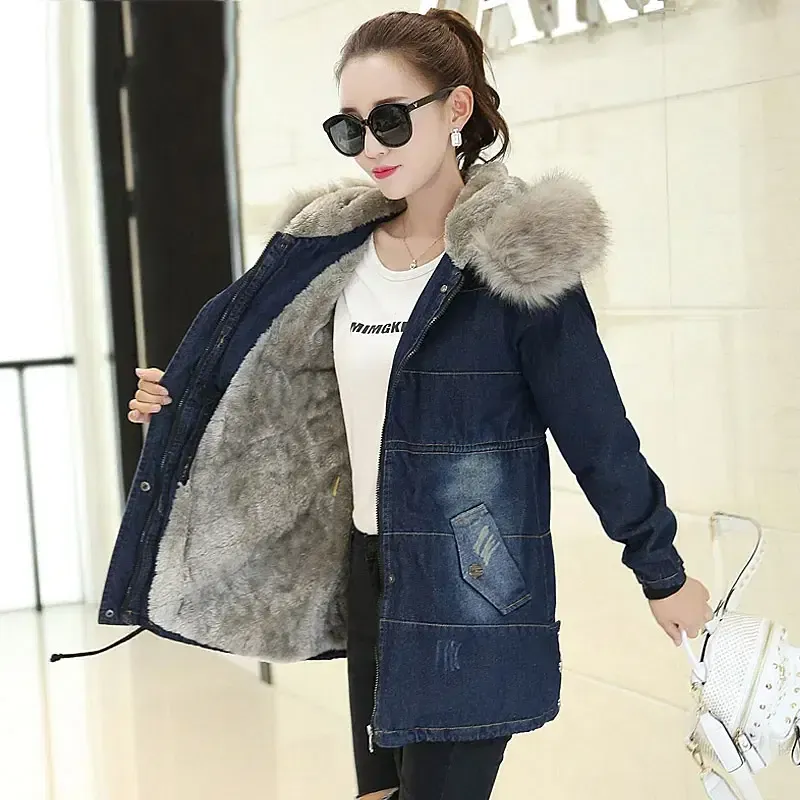 Color: Blue, Size: XL - 2019 New Plus Velvet Padded Coat Women Winter Denim Jacket With Large Fur Collar Denim Jacket Hooded Warm Cotton Clothing f1911
