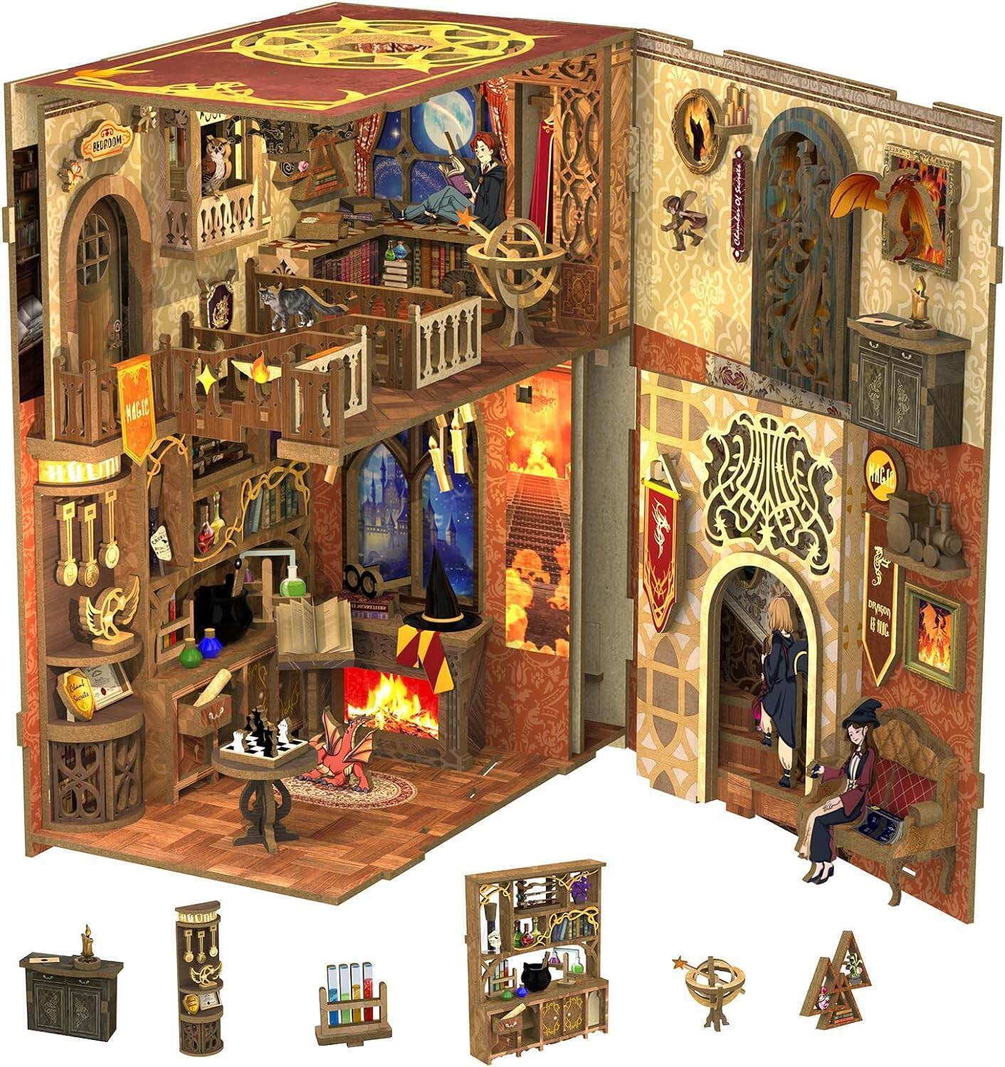 CUTEBEE DIY Book Nook Kit for Adults and Teens, DIY Wooden Miniature Magic House Dollhouse Kit Bookshelf Booknook Bookcase Model Build Gift Kit Decor Alley with LED Light (Flame Common Room)