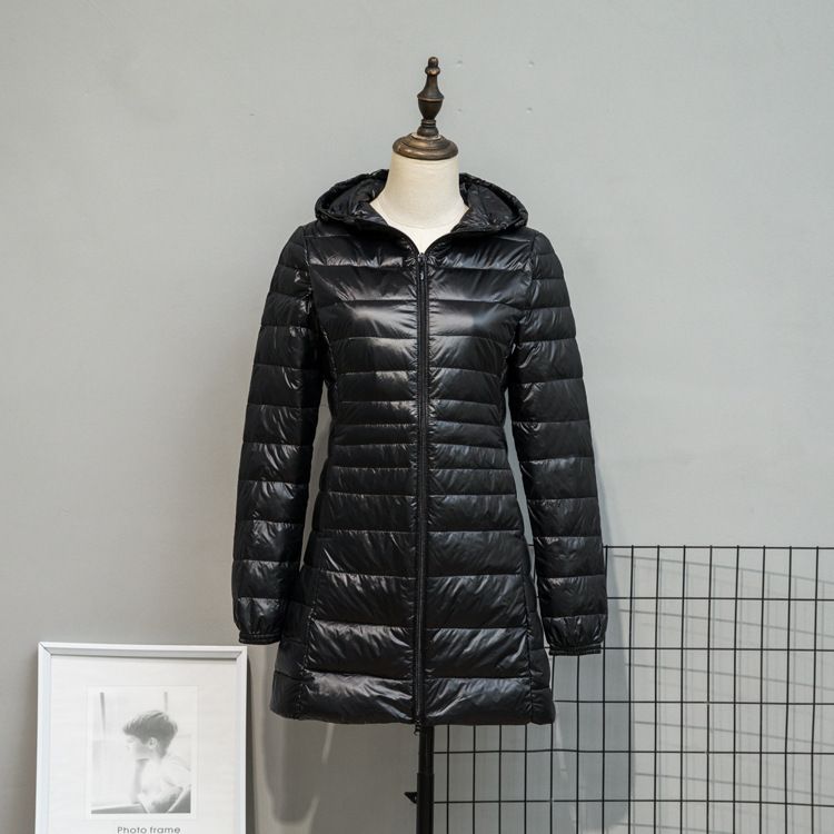 Color: Black, Size: 7XL - Autumn And Winter Lightweight Down Jacket Women&#39;s Mid-length Plus Size Hooded Slim Fit Oversized Coat