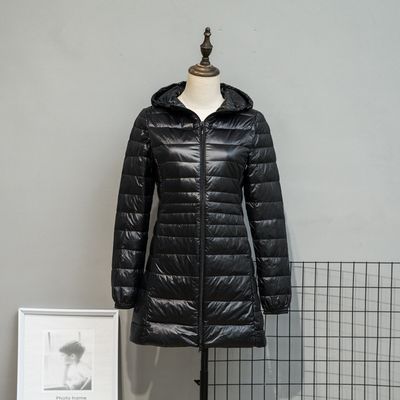 Color: Black, Size: 7XL - Autumn And Winter Lightweight Down Jacket Women&#39;s Mid-length Plus Size Hooded Slim Fit Oversized Coat