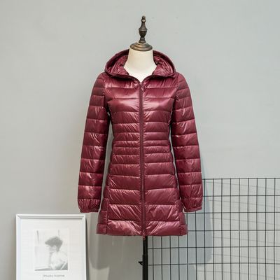 Color: Wine Red, Size: XL - Autumn And Winter Lightweight Down Jacket Women&#39;s Mid-length Plus Size Hooded Slim Fit Oversized Coat