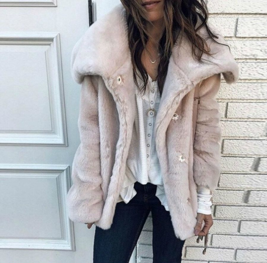 Women&#39;s Autumn Winter Casual Fashion Coat Solid Color Plus Size Loose Wool Lapel Warm Plush Jacket