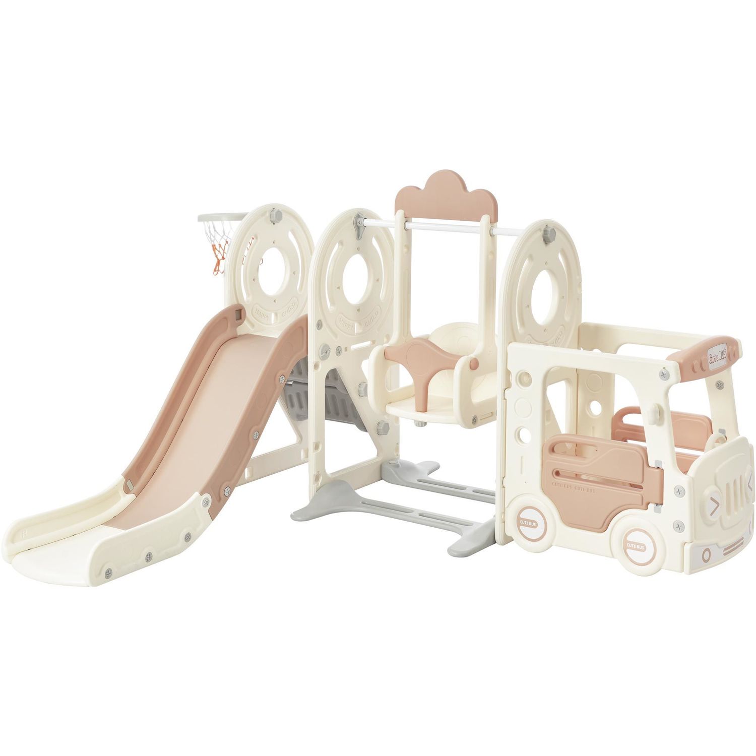 Kids Swing-N-Slide with Bus Play Structure; Freestanding Bus Toy with Slide&amp;Swing for Toddlers; Bus Slide Set with Basketball Hoop