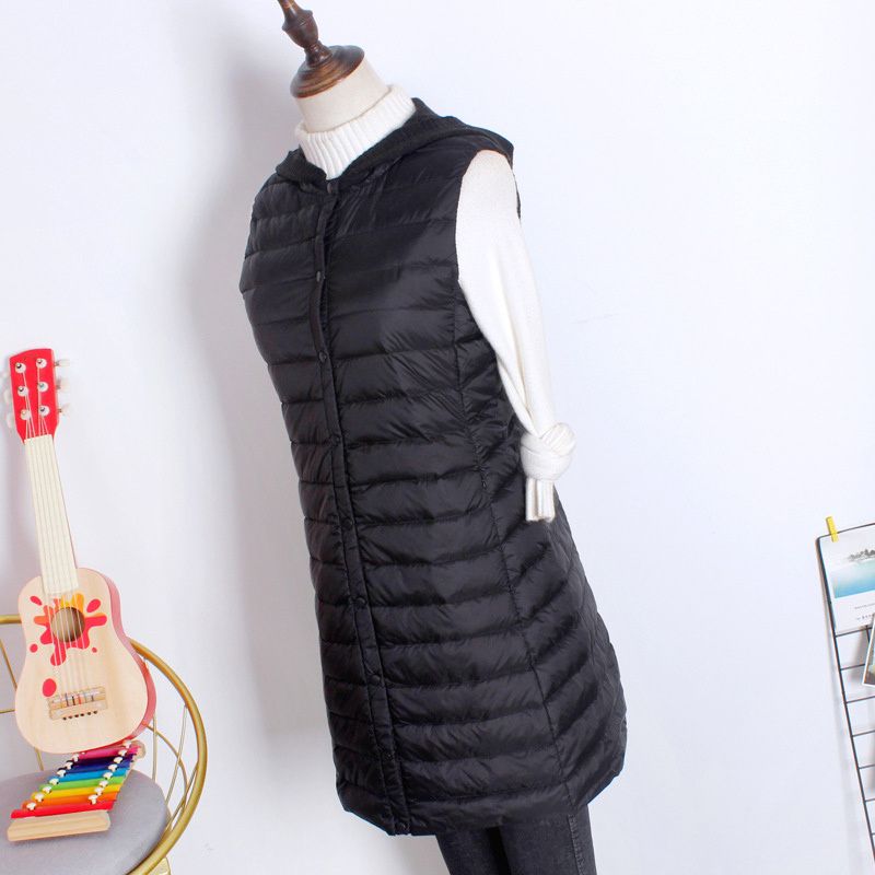 Hooded Women&#39;s Down Vest Long Coat Slim Fashion Ultra Light White Duck Down Waistcoat Female Fashion Winter Ladies Jacket Vests