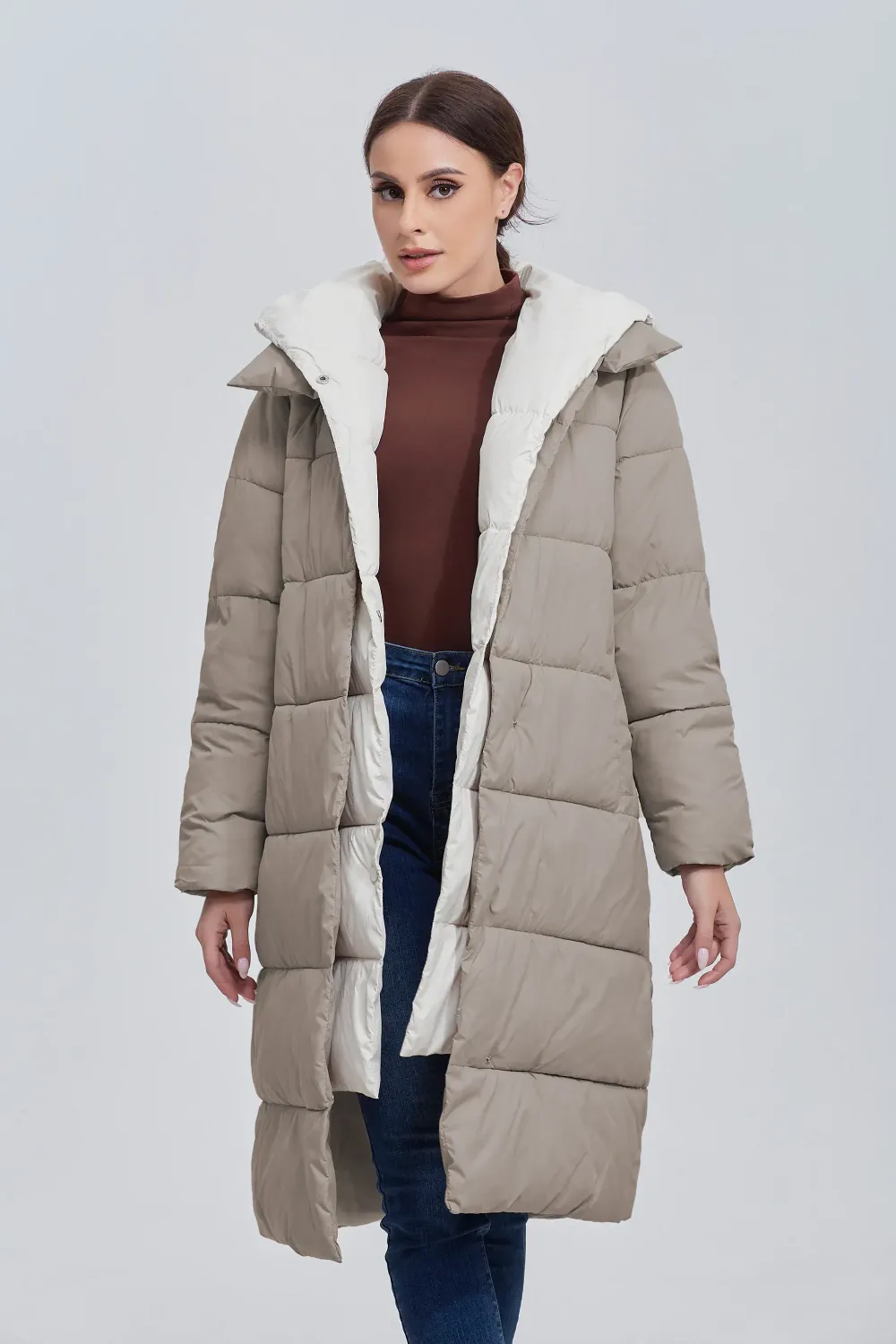 Color: Khaki, Size: XL - Marwin 2023 Winter Elegant Women&#39;s Cotton Coat Stylish Collar Long Warm Hooded Jacket Female Windproof Parka