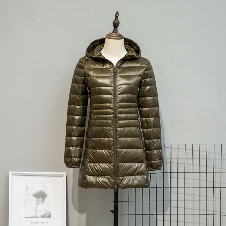 Color: Army Green, Size: 4XL - Autumn And Winter Lightweight Down Jacket Women&#39;s Mid-length Plus Size Hooded Slim Fit Oversized Coat