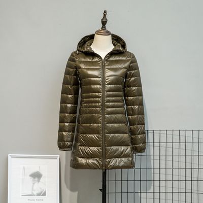 Color: Army Green, Size: 4XL - Autumn And Winter Lightweight Down Jacket Women&#39;s Mid-length Plus Size Hooded Slim Fit Oversized Coat