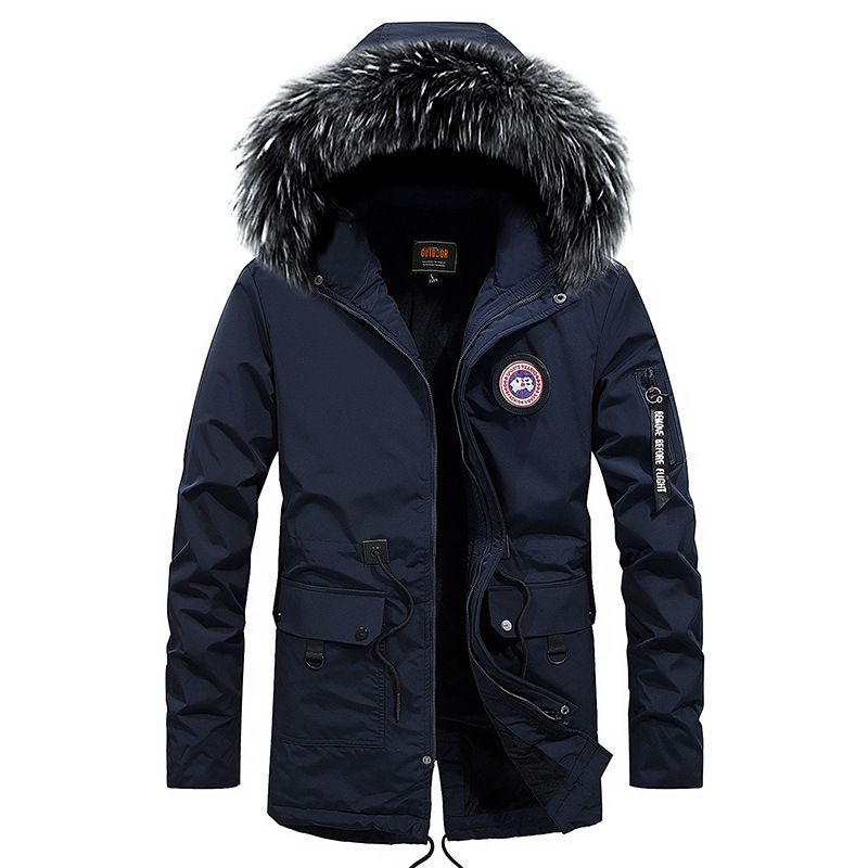 Color: Royal Blue, Size: L - Winter new warm casual men&#39;s cotton coat thick long hair fur collar coat