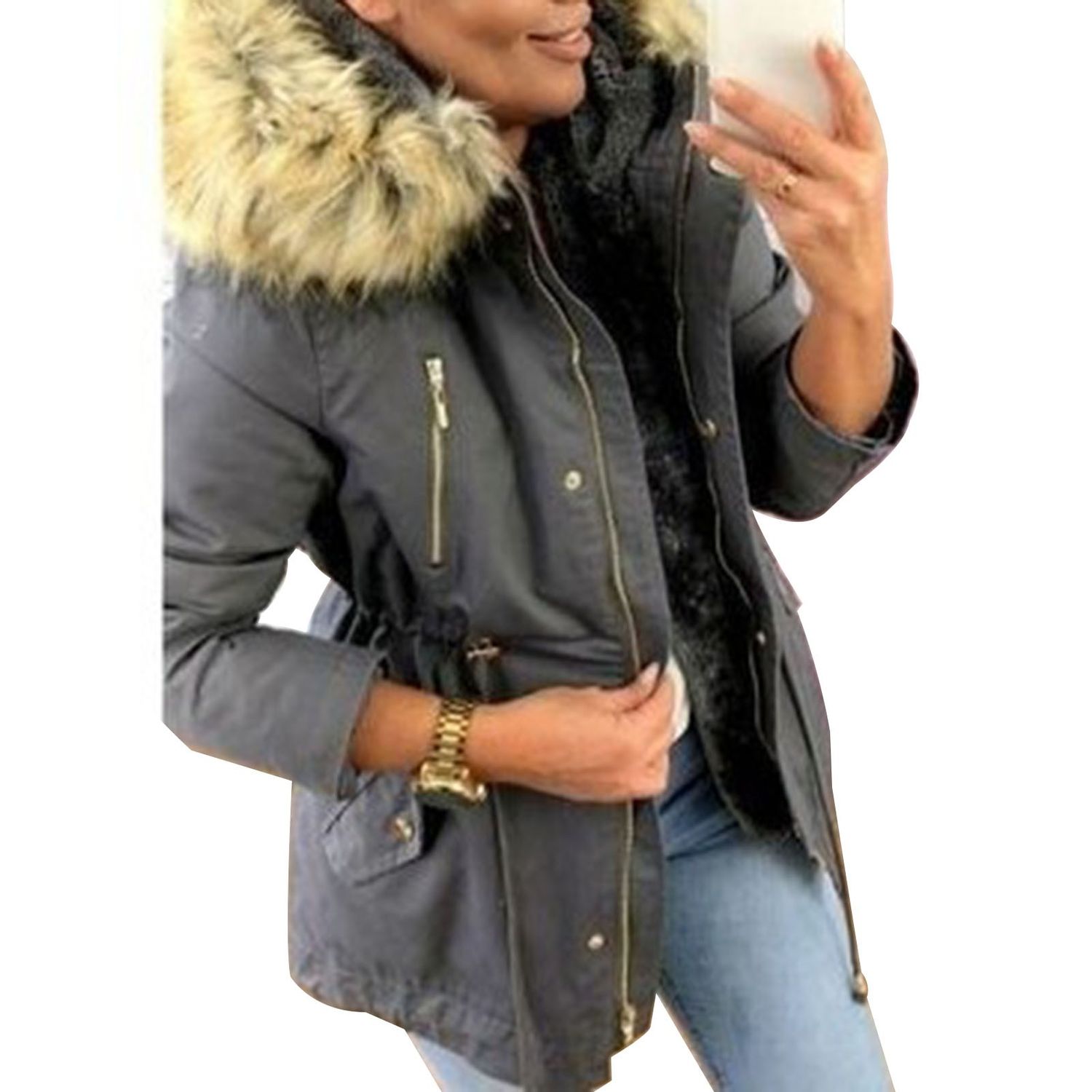 Color: Black, Size: L - 2020 Winter Women&#39;s Thick Plush Warm Faux Fur Hooded Coat Long