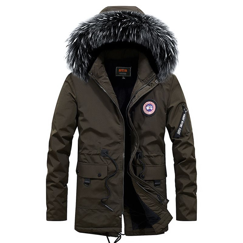 Color: Army green, Size: XXL - Winter new warm casual men&#39;s cotton coat thick long hair fur collar coat