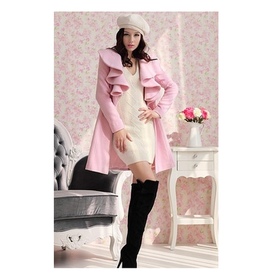 Color: Pink, Size: XXL - Autumn and winter women&#39;s slim body long ruffled woolen coat wool coat