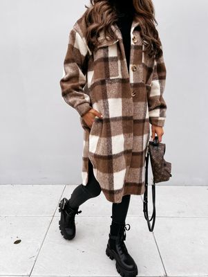 Color: Khaki, Size: L - Autumn And Winter Long-Sleeved Button Lapel Casual Warm Plaid Long Woolen Coat