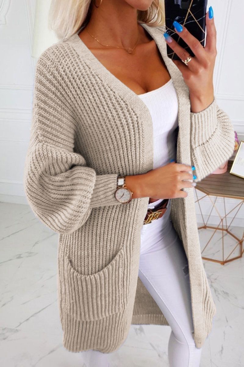 Women&#39;s Autumn and Winter Models Casual Solid Color Style Cardigan Sweater Coat Long Section