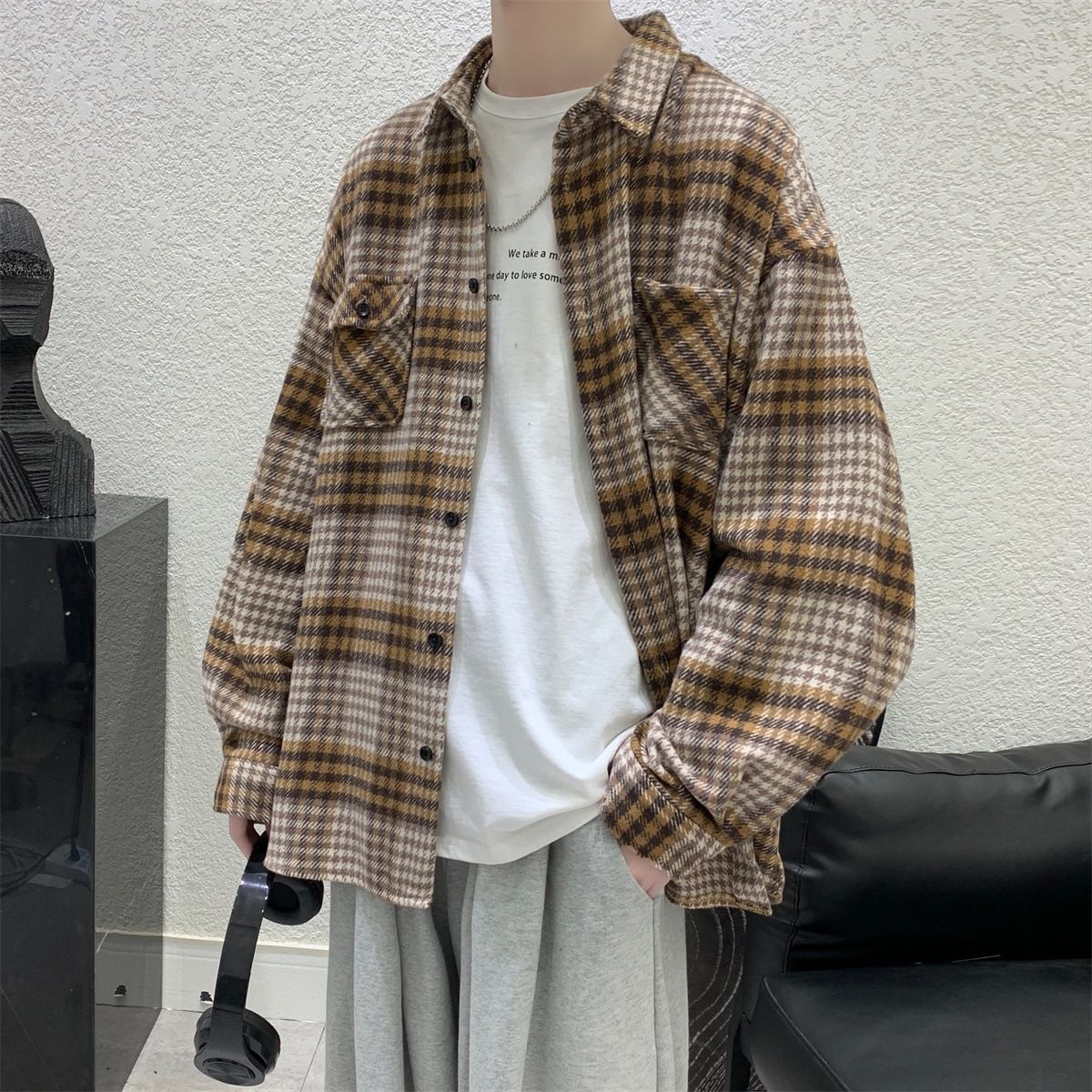Color: 1Yellow, Size: M - Winter jacket men&#39;s Korean style trendy woolen cloth Hong Kong style long plaid trench coat autumn and winter men&#39;s woolen coat