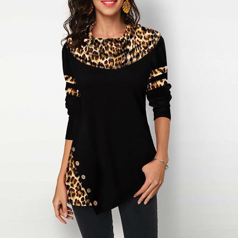 Autumn and winter women&#39;s new style coat round neck loose long-sleeved buttons leopard print stitching blouse