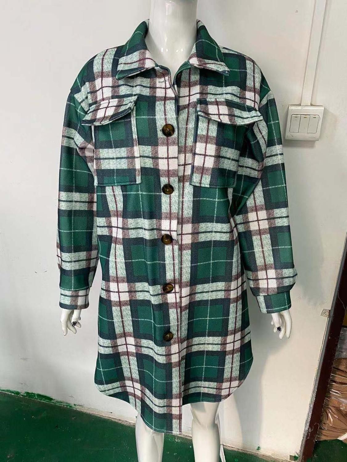 Color: Green, Size: L - Autumn And Winter Long-Sleeved Button Lapel Casual Warm Plaid Long Woolen Coat