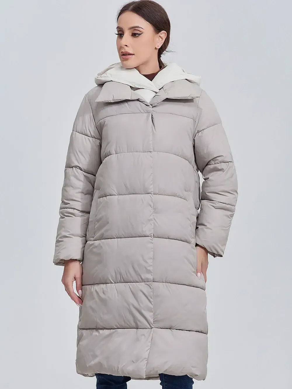 Color: GRAY, Size: M - Marwin 2023 Winter Elegant Women&#39;s Cotton Coat Stylish Collar Long Warm Hooded Jacket Female Windproof Parka