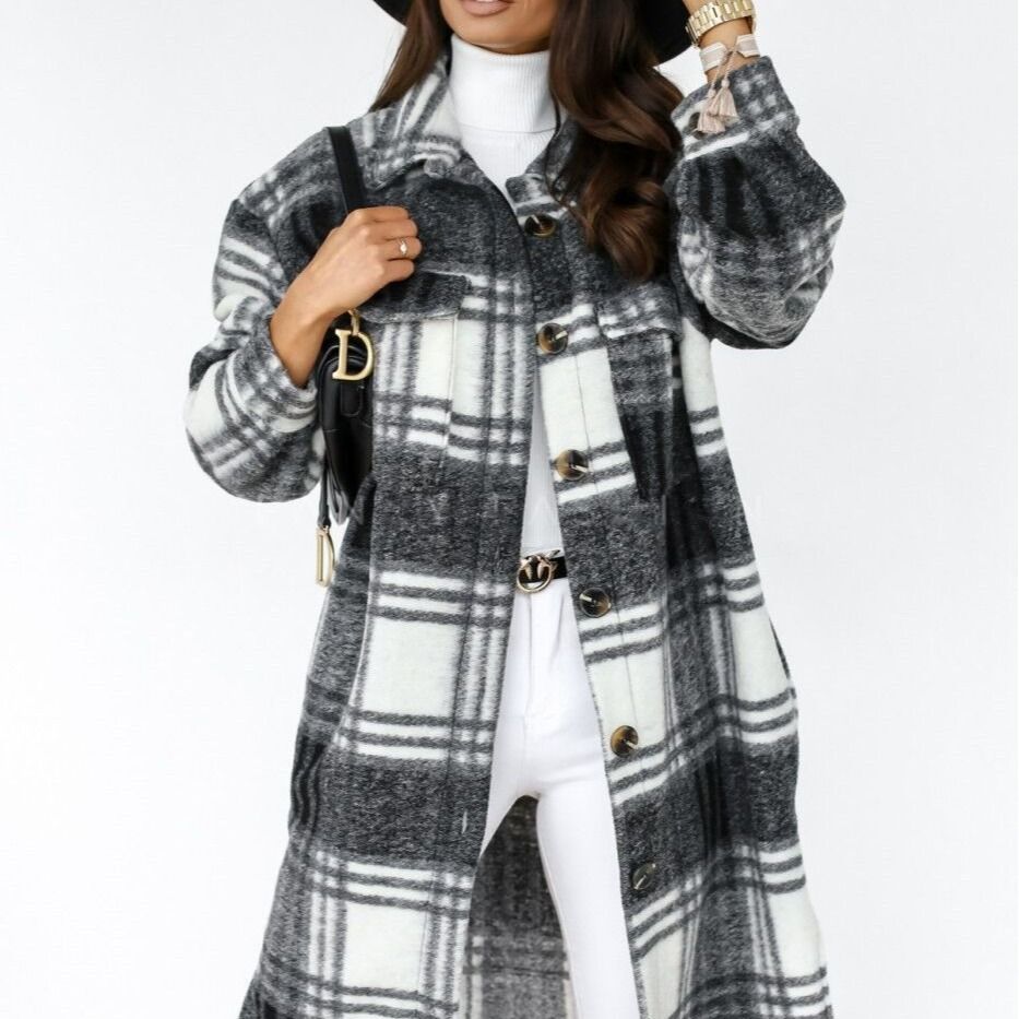 Color: Black, Size: 2XL - Autumn And Winter Long-Sleeved Button Lapel Casual Warm Plaid Long Woolen Coat