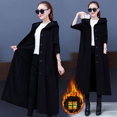 autumn and winter new women&#39;s solid color long large size loose coat fashionable all-match hooded windbreaker
