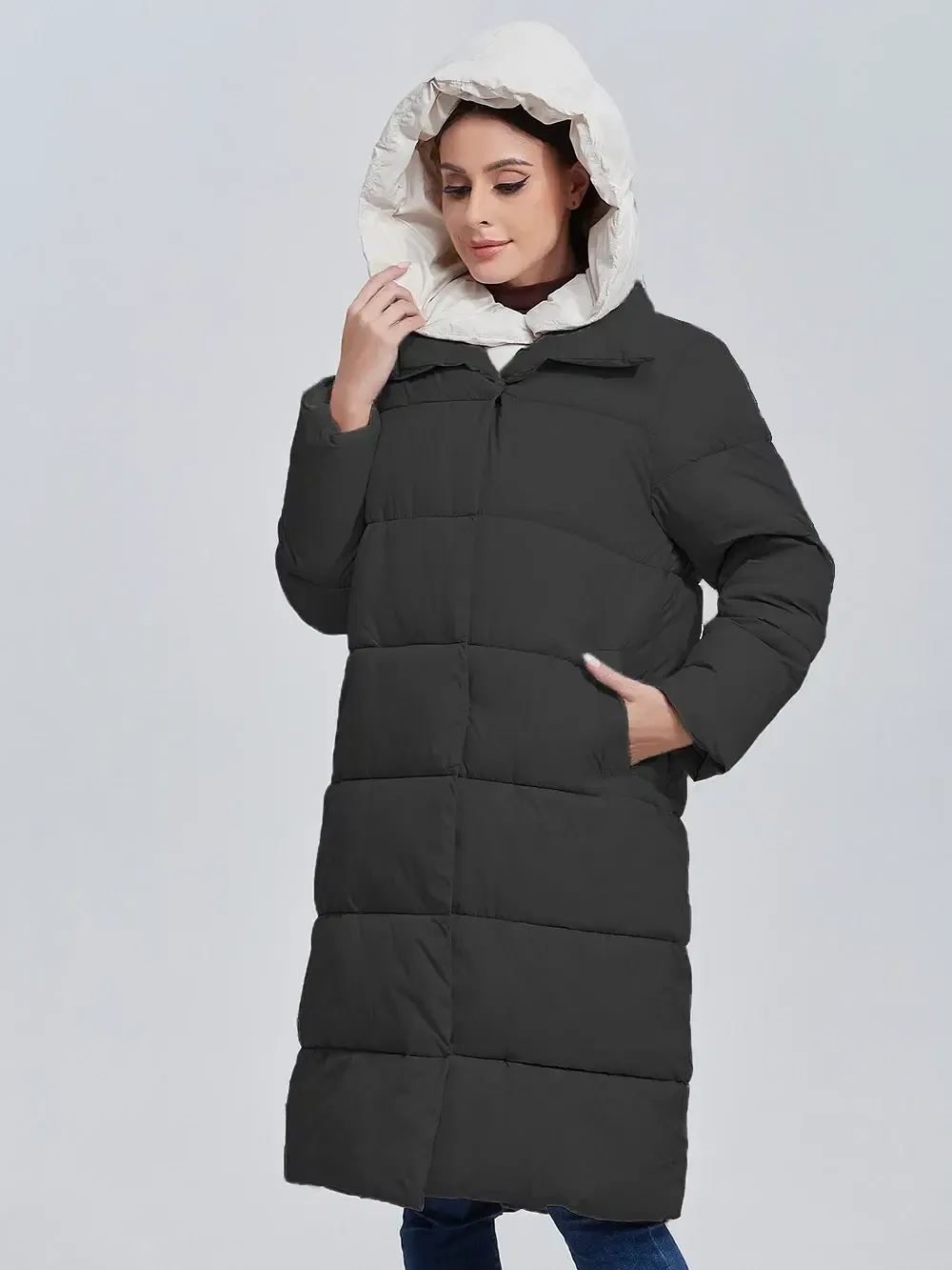 Color: black, Size: M - Marwin 2023 Winter Elegant Women&#39;s Cotton Coat Stylish Collar Long Warm Hooded Jacket Female Windproof Parka