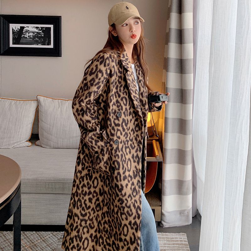 Women&#39;s Long Winter Leopard Print Woolen Coat