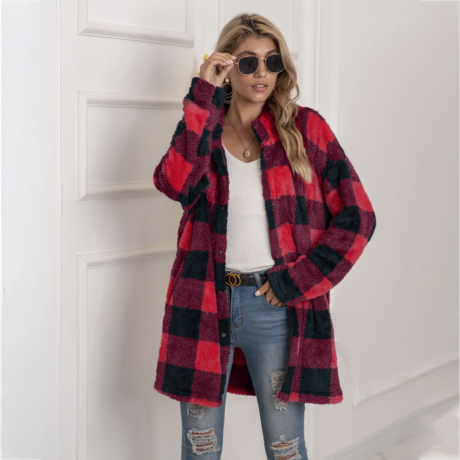 Color: Maroon, Size: 2XL - Autumn And Winter Long-Sleeved Button Lapel Casual Warm Plaid Long Woolen Coat