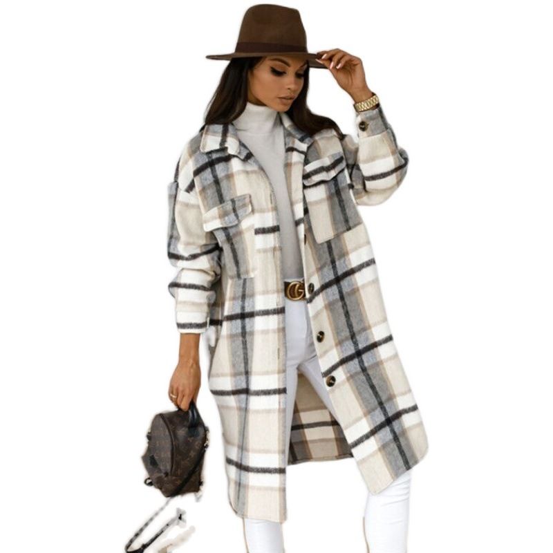 Color: Grey, Size: M - Autumn And Winter Long-Sleeved Button Lapel Casual Warm Plaid Long Woolen Coat
