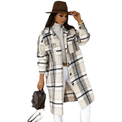 Color: Grey, Size: M - Autumn And Winter Long-Sleeved Button Lapel Casual Warm Plaid Long Woolen Coat