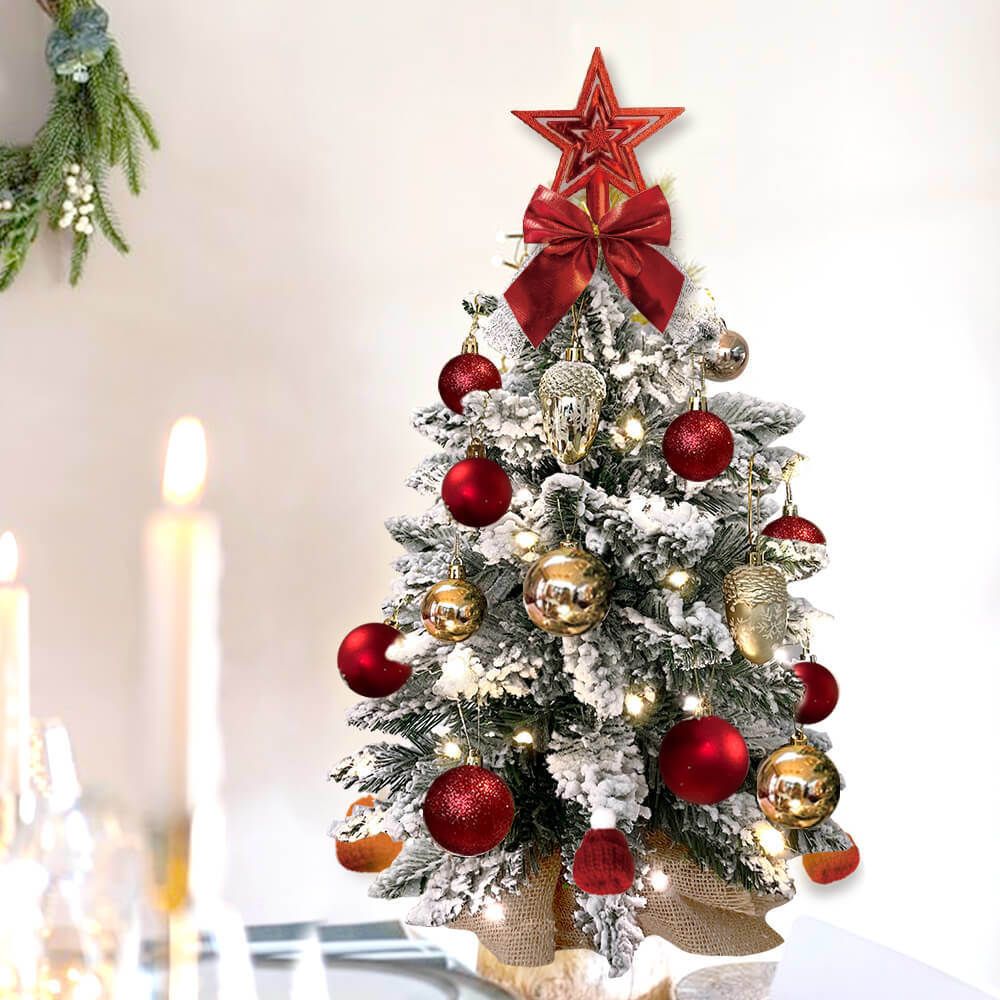22in Tabletop Christmas Tree with Light Artificial Small Mini Red Christmas Decoration with Flocked Snow, Exquisite Decor &amp; Xmas Ornaments for Table Top for Home &amp; Office, Red