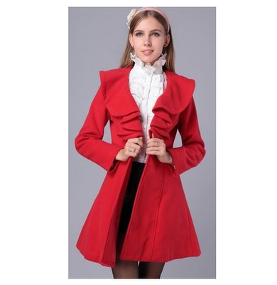 Color: Red, Size: M - Autumn and winter women&#39;s slim body long ruffled woolen coat wool coat
