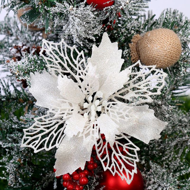 Color: White, Size: 15cm - Glitter Artifical Christmas Flowers Christmas Tree Decorations For Home Fake Flowers Xmas Ornaments New Year Decor