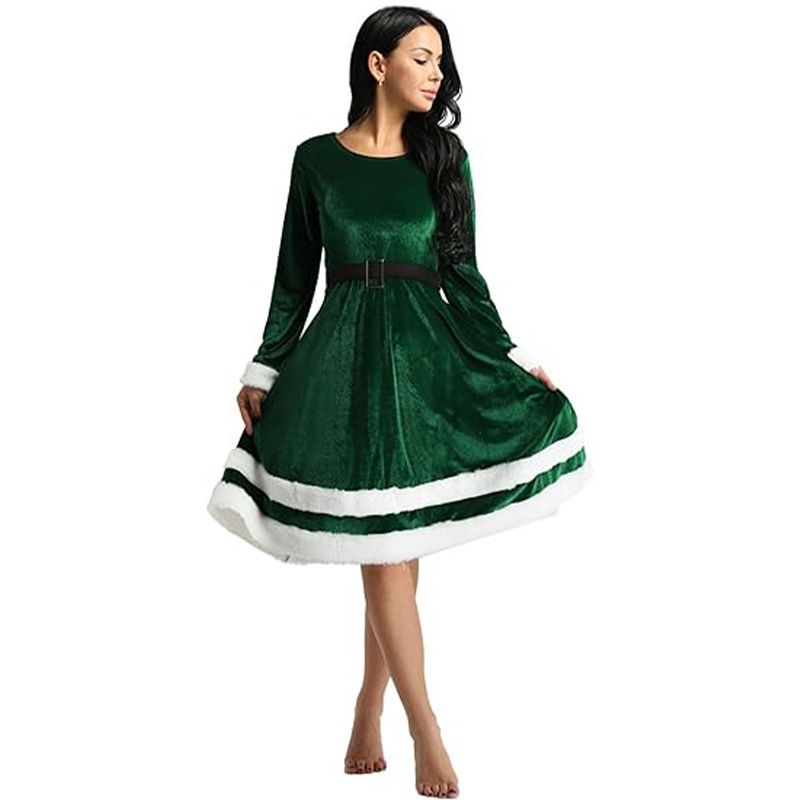 Womens Mrs Santa Claus Costume Santa Velvet Long Sleeve Dress