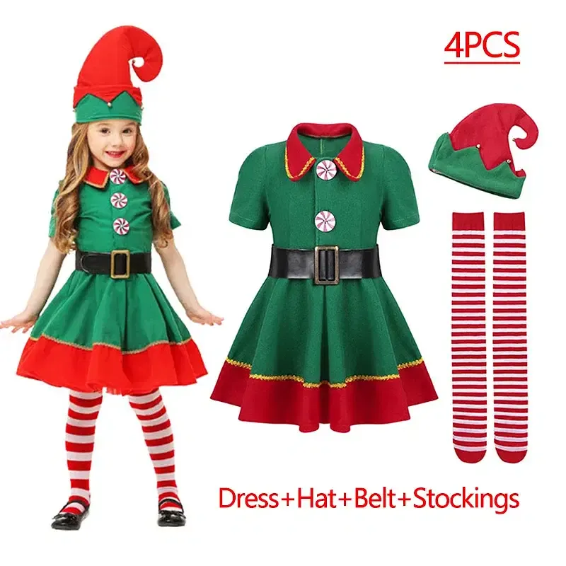 Color: Beige, Kid Size: 2T - New Year Kids Santa Claus Costume Green Elf Cosplay Christmas Carnival Party Fancy Dress for Girls Boys Red Xmas Clothes Set