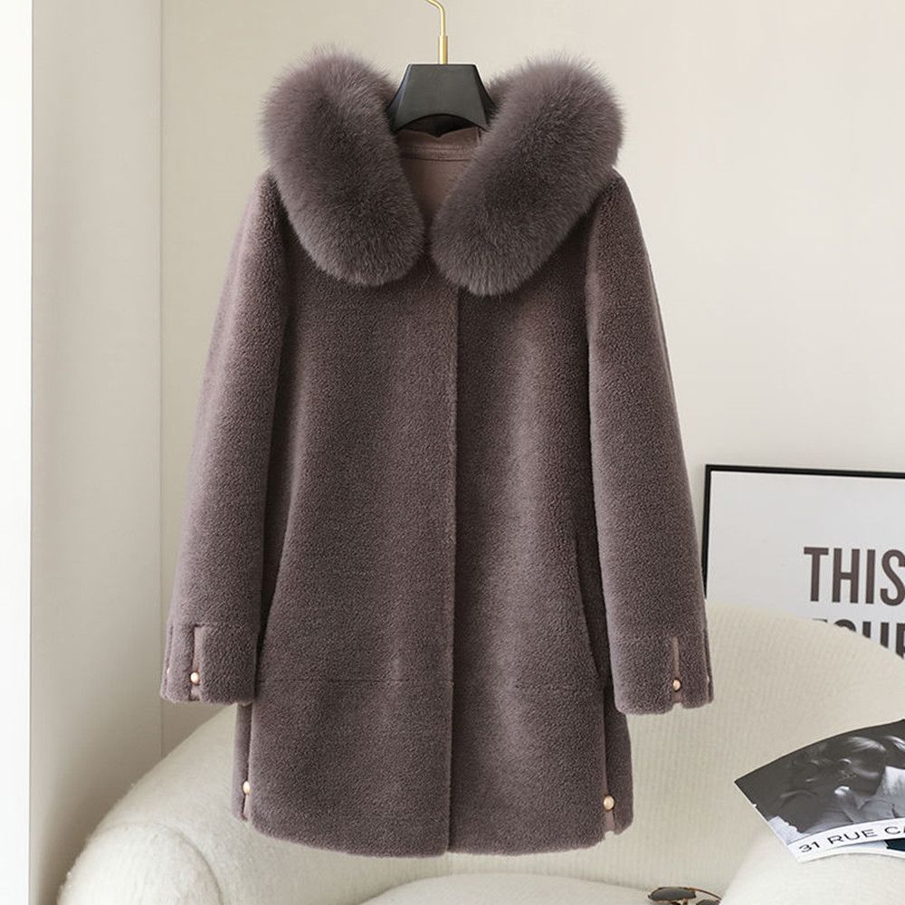 Color: Redgrey, Size: 6XL - Women&#39;s Fox Fur Collar Hooded Sheep Shearling Coat
