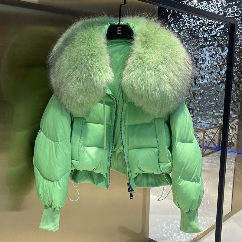All-matching Big Collar Raccoon Fur White Duck Down Women&#39;s Coat