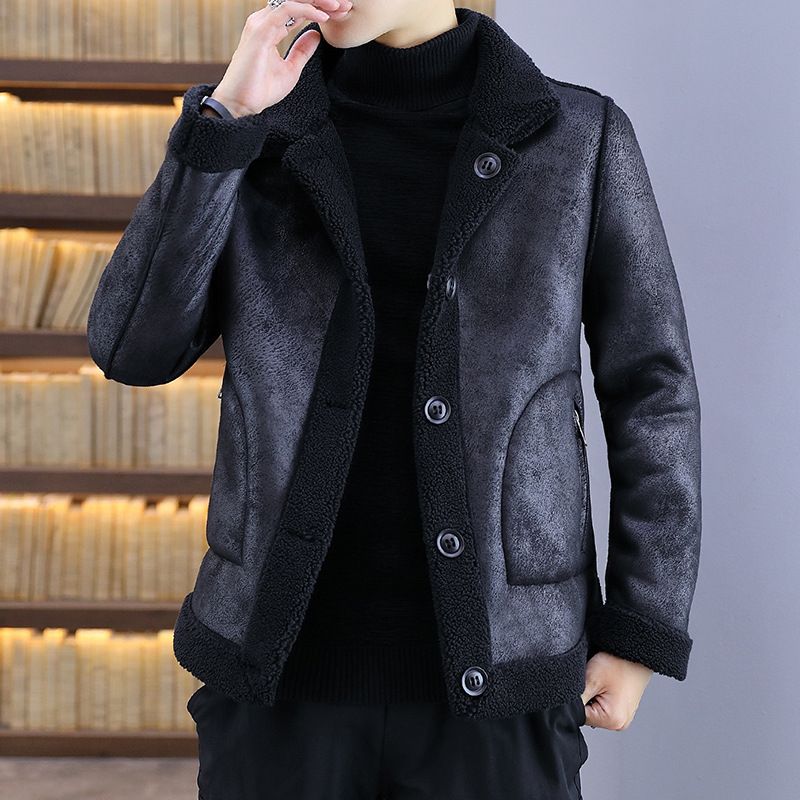 Color: Black, Size: XXL - Men&#39;s leather jacket with fur one-piece coat