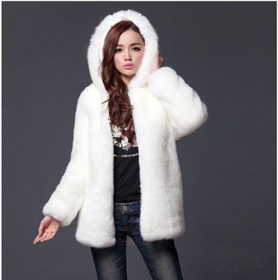 Color: Black, Size: 3XL - Faux fur women&#39;s hooded coat mid-length coat