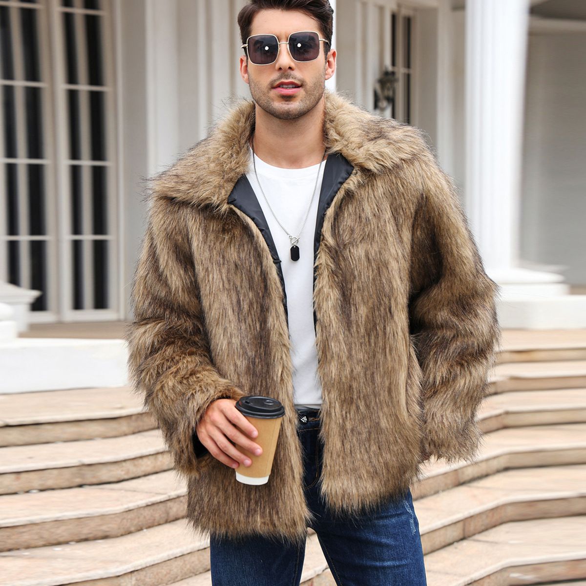 European And American Men&#39;s Lapel Short Faux Fur Jacket Warm Coat Overcoat