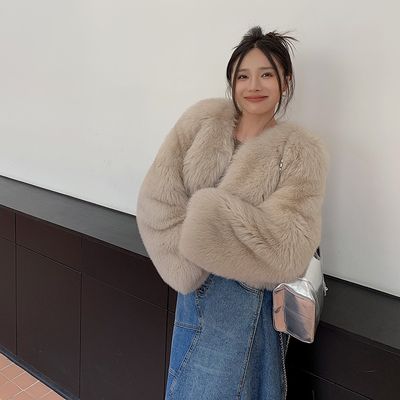 Color: Milk Tea Color, Size: S - Fox Fur Whole Leather New Young Fur Coat Women&#39;s Short High Waist