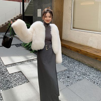 Color: Beige, Size: XL - Fox Fur Whole Leather New Young Fur Coat Women&#39;s Short High Waist