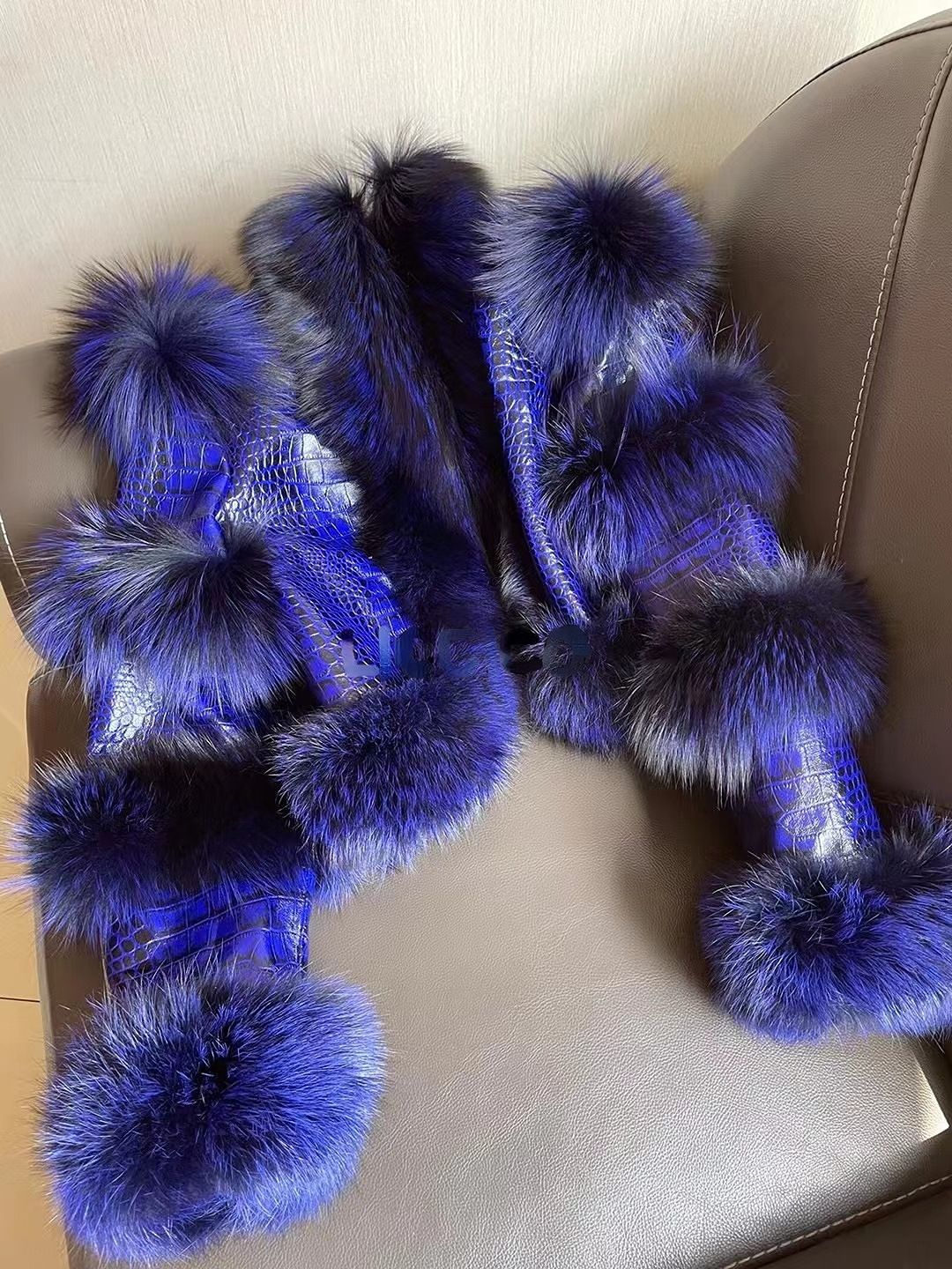 Color: Sapphire Blue, size: XL96CM - Elegant Bright Patent Leather Pattern Sheepskin Fashion Short Fox Fur Coat