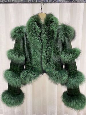 Color: Silver Green, size: M88CM - Elegant Bright Patent Leather Pattern Sheepskin Fashion Short Fox Fur Coat