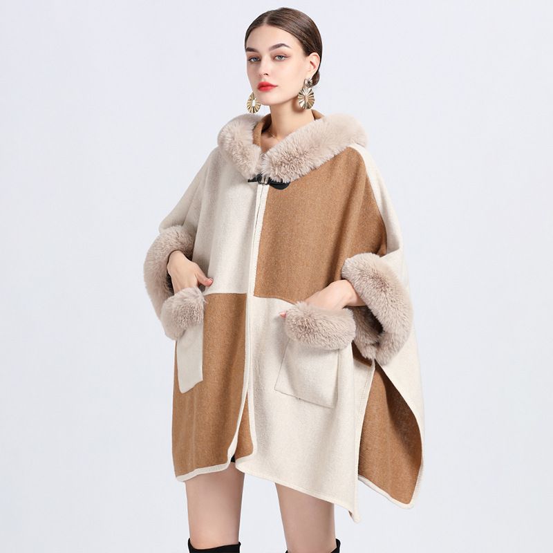 Women&#39;s Autumn And Winter New Fur Collar Shawl Cape Coat