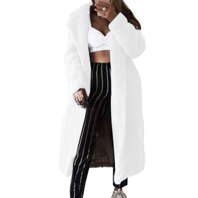 Color: White, Size: 5XL - Solid color long coat faux fur coat soft plush thick