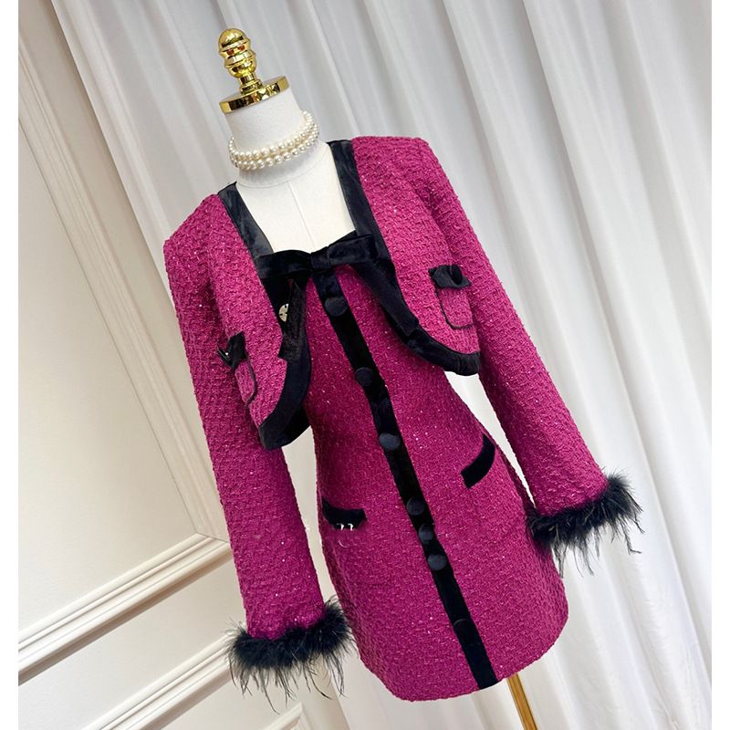 Color: Suit, Size: S - Contrast Color Fur Sleeve Classic Style Cropped Coat Top Suspender Skirt Dress